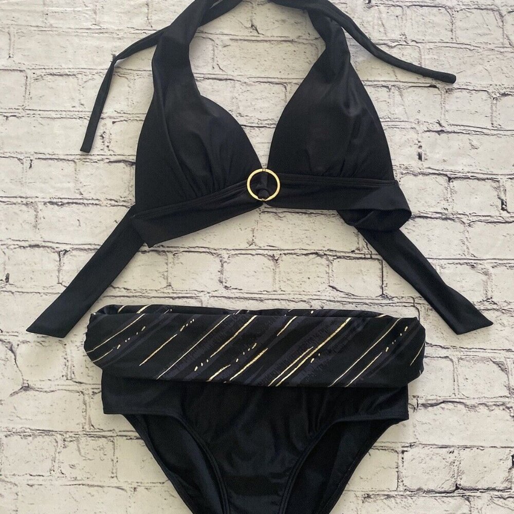 Simon Chang Vintage Black And Gold Bikini Padded Halter Top Size 10 Bond Girl EC - Picture 12 of 16